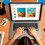 ** A person sitting at a desk, surrounded by books, a laptop displaying an online course, and various art supplies (pencils, paintbrushes). They are looking up with a thoughtful expression, as if connecting different ideas. The scene is bathed in warm, inviting light. Emphasis on the feeling of personalized learning and active engagement.

**