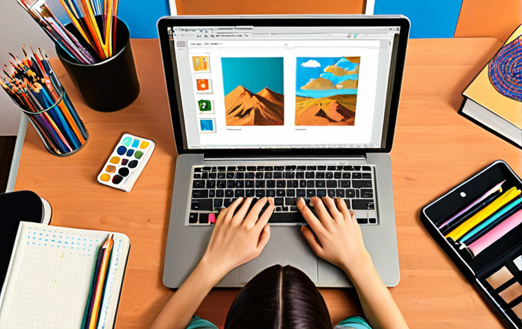 ** A person sitting at a desk, surrounded by books, a laptop displaying an online course, and various art supplies (pencils, paintbrushes). They are looking up with a thoughtful expression, as if connecting different ideas. The scene is bathed in warm, inviting light. Emphasis on the feeling of personalized learning and active engagement.
**