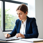 A focused adult professional, a woman, in a modest business casual outfit, sitting at a clean, minimalist desk with a laptop and open notebook. She is deeply engrossed in problem-solving, her expression reflecting thoughtful concentration and resilience, embodying a growth mindset. The background is a bright, modern co-working space with large windows and diffused natural light. The scene is well-lit, professional photography, high resolution. fully clothed, appropriate attire, modest clothing, safe for work, appropriate content, perfect anatomy, correct proportions, natural pose, well-formed hands, proper finger count, natural body proportions, professional dress, family-friendly.