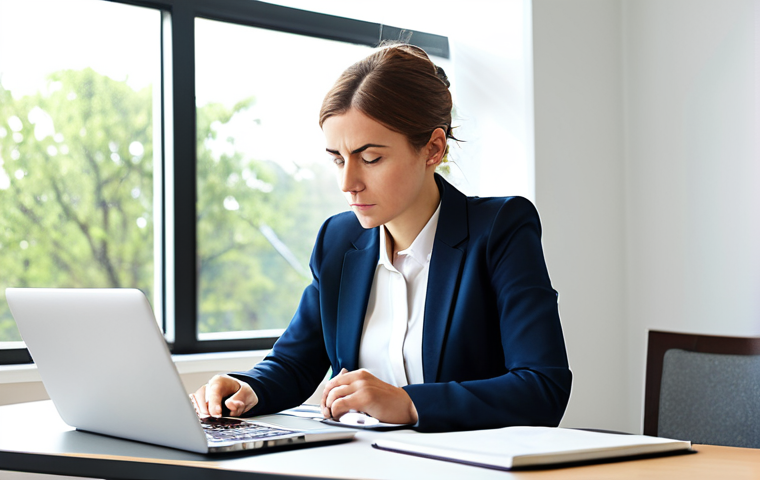 A focused adult professional, a woman, in a modest business casual outfit, sitting at a clean, minimalist desk with a laptop and open notebook. She is deeply engrossed in problem-solving, her expression reflecting thoughtful concentration and resilience, embodying a growth mindset. The background is a bright, modern co-working space with large windows and diffused natural light. The scene is well-lit, professional photography, high resolution. fully clothed, appropriate attire, modest clothing, safe for work, appropriate content, perfect anatomy, correct proportions, natural pose, well-formed hands, proper finger count, natural body proportions, professional dress, family-friendly.