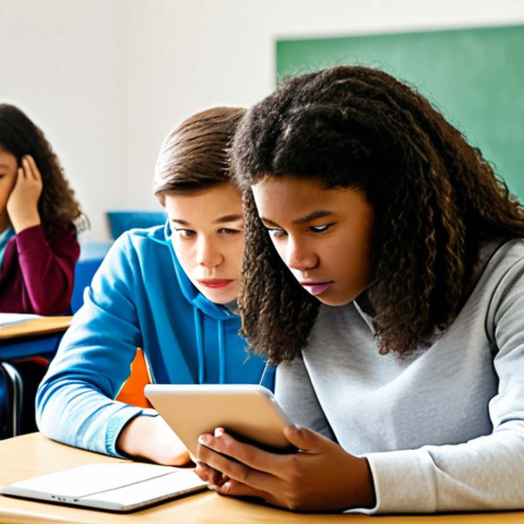 자기 주도 학습의 윤리적 고려사항 - Algorithmic Bias**

Prompt: "A diverse group of students using tablets in a brightly lit classroom, ...