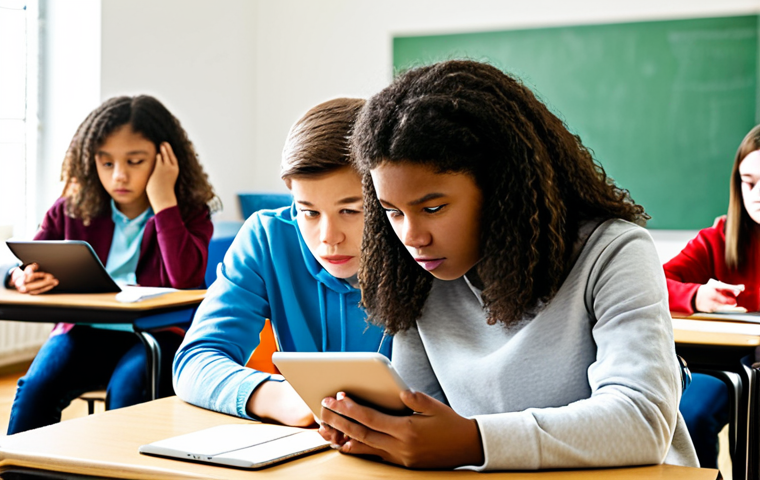 자기 주도 학습의 윤리적 고려사항 - Algorithmic Bias**

Prompt: "A diverse group of students using tablets in a brightly lit classroom, ...