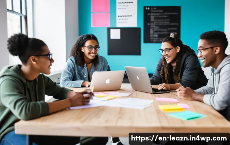 자기 주도 학습의 실천을 위한 커뮤니티 참여 - A diverse group of young adults gathered around a large table in a bright, modern co-working space, ...