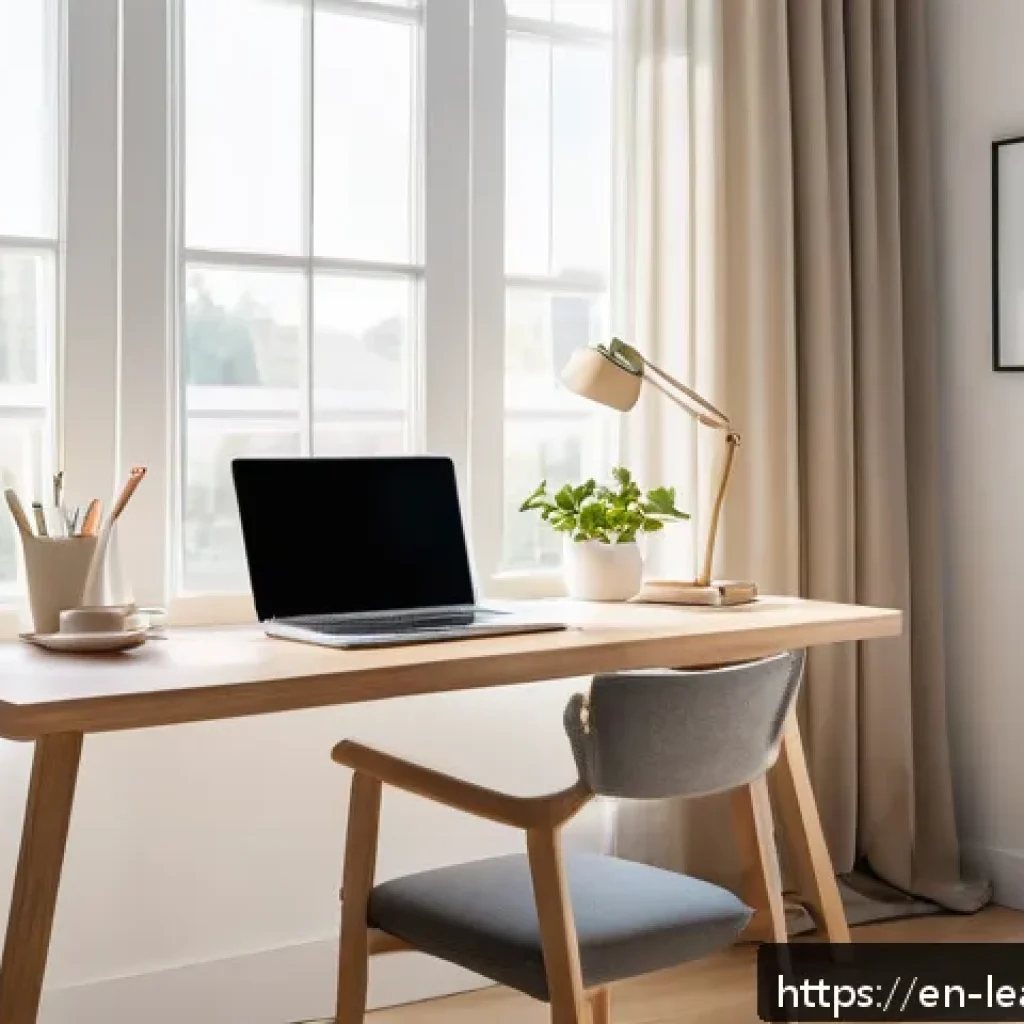 자기 주도 학습을 위한 집중력 훈련법 - A bright, minimalist home study area with a clean, decluttered wooden desk featuring only a laptop, ...
