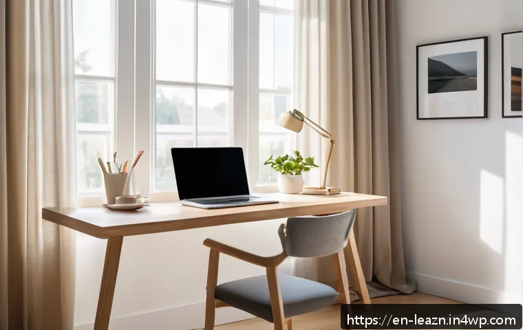 자기 주도 학습을 위한 집중력 훈련법 - A bright, minimalist home study area with a clean, decluttered wooden desk featuring only a laptop, ...