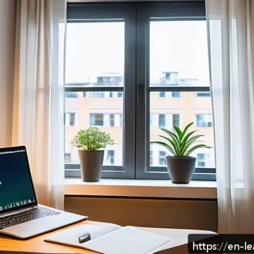 Home 17 자기 주도 학습을 위한 다양한 학습 자원 - A cozy, well-organized study nook inside a modern urban apartment, featuring a wooden desk with a sl...