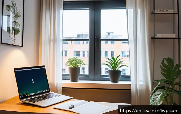 자기 주도 학습을 위한 다양한 학습 자원 - A cozy, well-organized study nook inside a modern urban apartment, featuring a wooden desk with a sl...